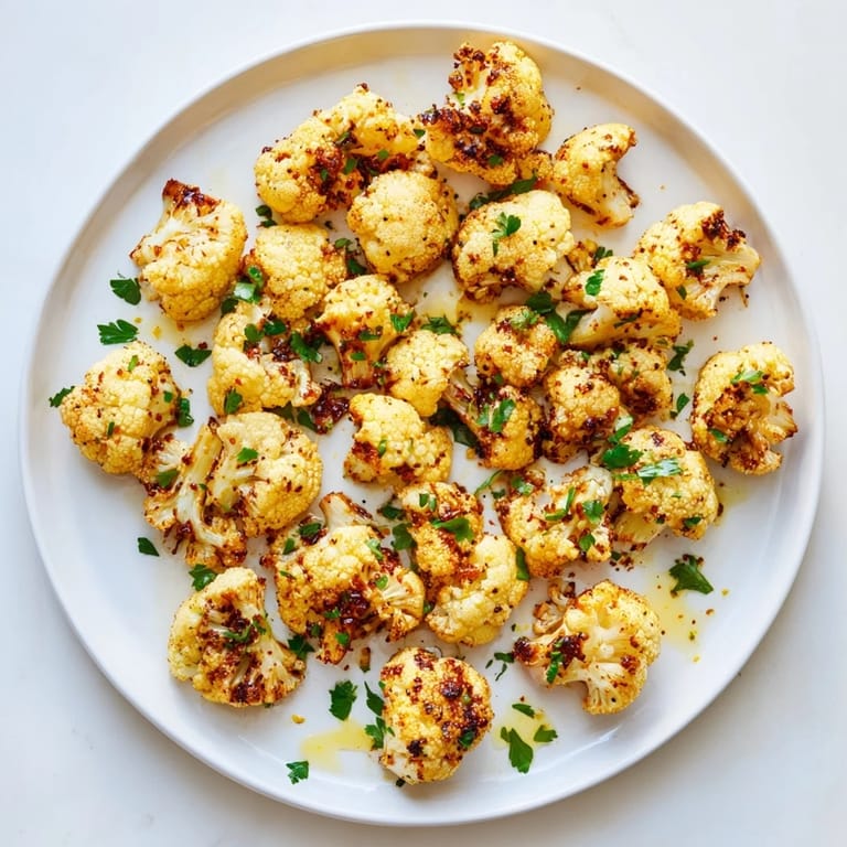 Tender, spiced roasted cauliflower, a delicious vegan side dish, fresh parsley brightens it.
