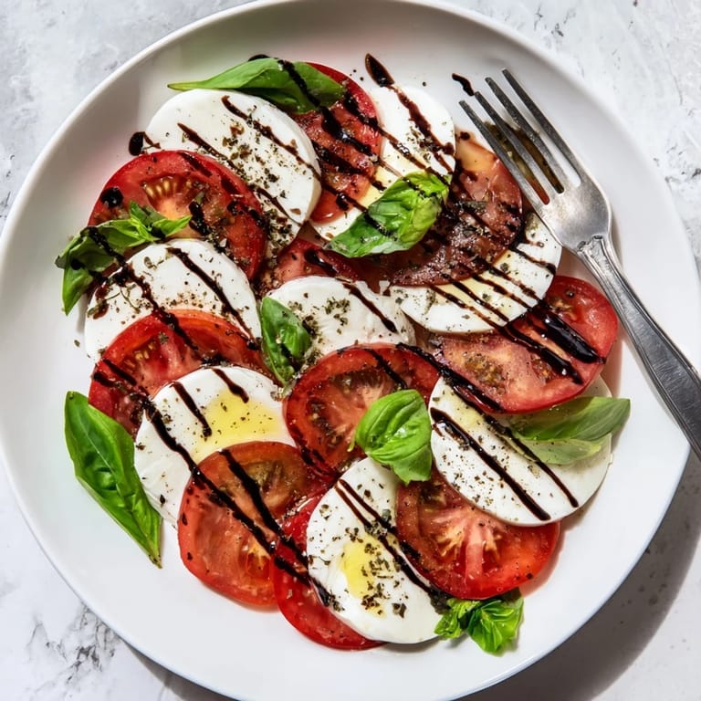 Sliced heirloom tomatoes and mozzarella layered with fresh basil, glistening with extra-virgin olive oil and sweet balsamic glaze. A simple homemade Caprese Salad, perfect for a summer side dish or snack.