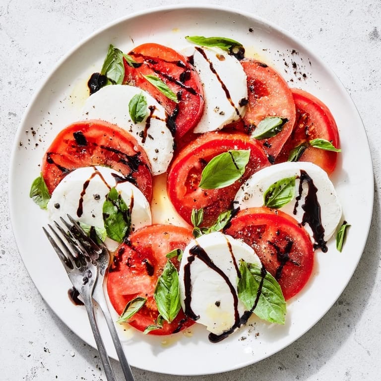 A close look at juicy tomato rounds and soft mozzarella with basil leaves, arranged on a white platter. This easy Caprese Salad is drizzled with olive oil and finished with salt and pepper.