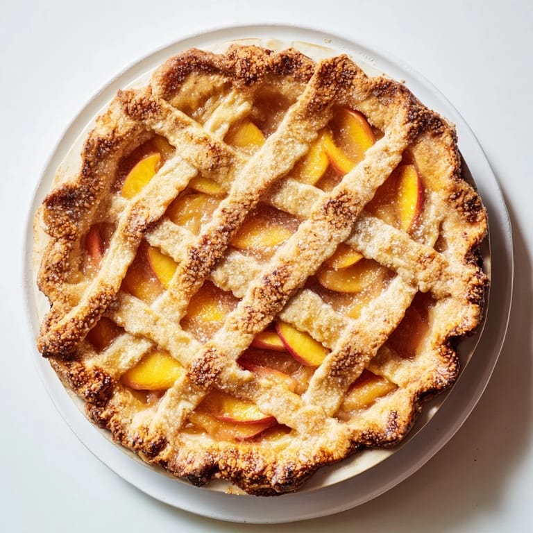 A rustic Peach Pie is served warm with melting vanilla ice cream and fresh peach slices.