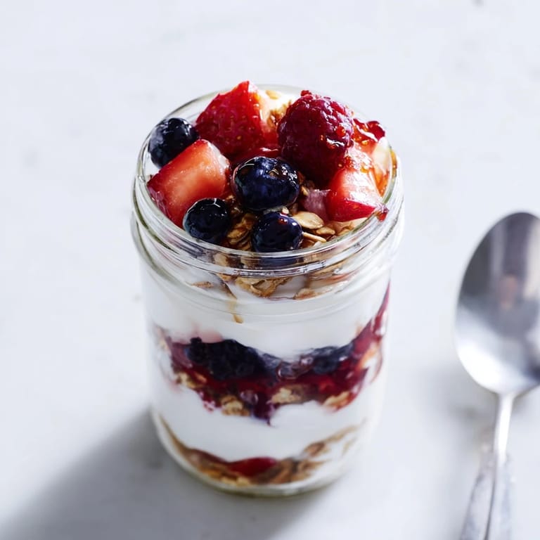 Crumbled granola and sweet berries top this easy Berry Parfait, ready for a healthy breakfast.