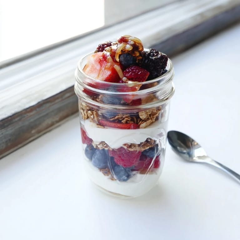 Decadent Berry Parfait with juicy berries, thick yogurt, and a drizzle of honey for dessert.