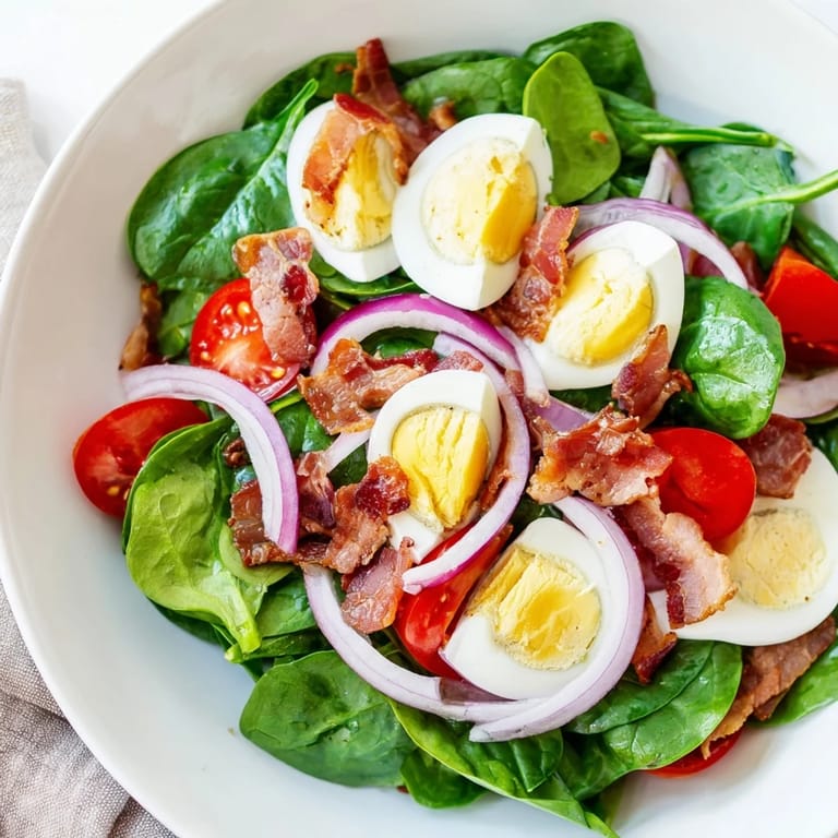 Plated Spinach Salad with Bacon on a white dish, sliced boiled eggs and red onion next to crispy bacon.