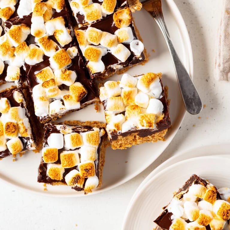 Easy S'mores Bars with golden toasted marshmallow tops and a decadent chocolate layer ready to slice and serve.