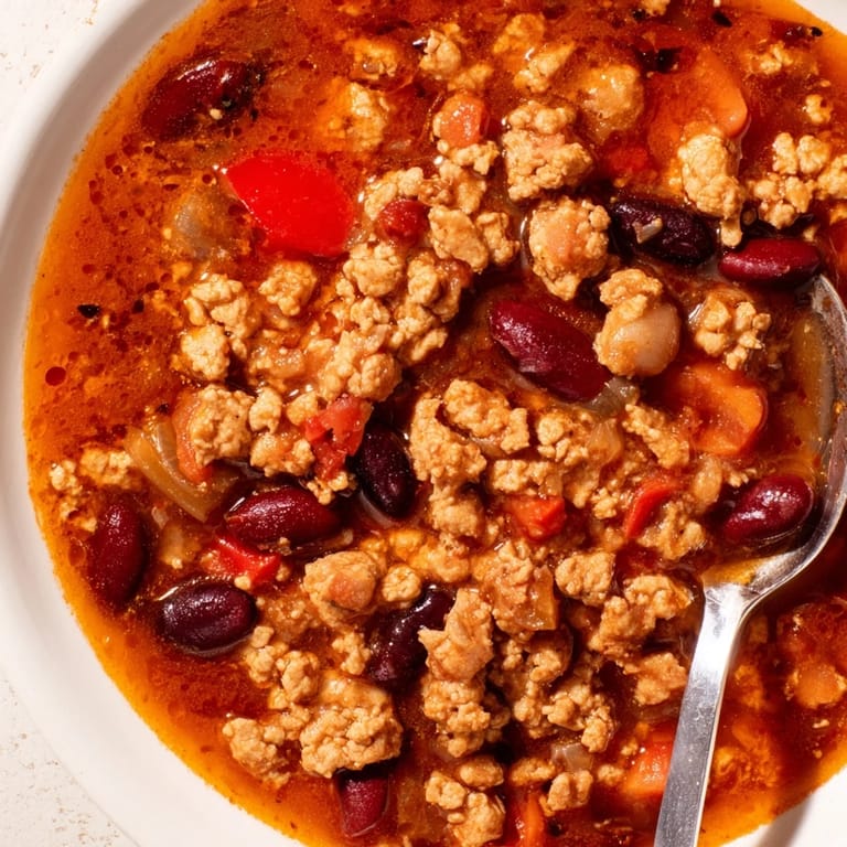 Turkey Chili served in a rustic bowl with shredded cheese and green onions, ready to enjoy alongside cornbread.