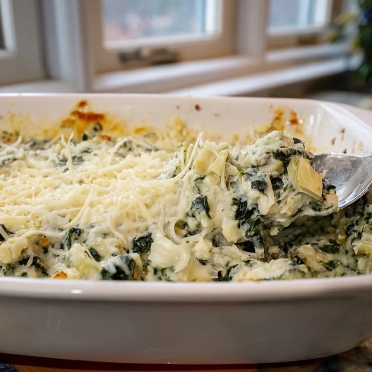 Freshly baked Spinach Artichoke Dip with a golden, cheesy crust, placed beside crunchy crackers and vibrant spinach garnish for serving.