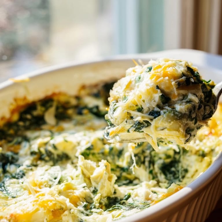 Creamy, savory Spinach Artichoke Dip steaming in a baking dish, perfect for a party appetizer with sliced baguette and chips.