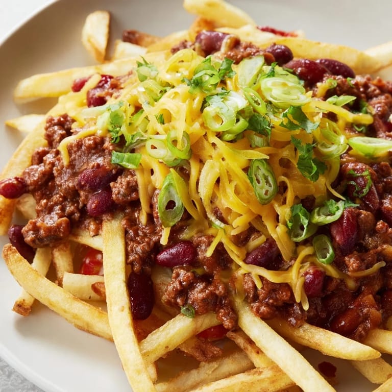 A close-up of homemade Chili Cheese Fries garnished with cilantro, ready to serve with sour cream.