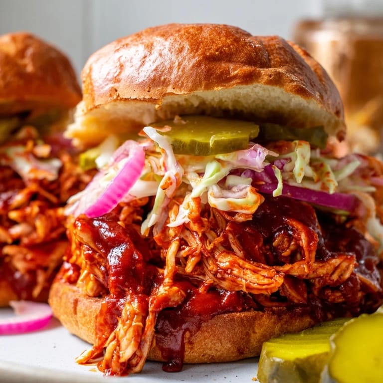 Freshly grilled BBQ Chicken Sandwich served with pickles and red onion rings.