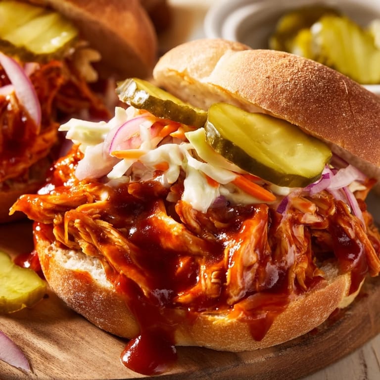 Juicy barbecue chicken piled high on a soft bun, finished with crisp slaw.