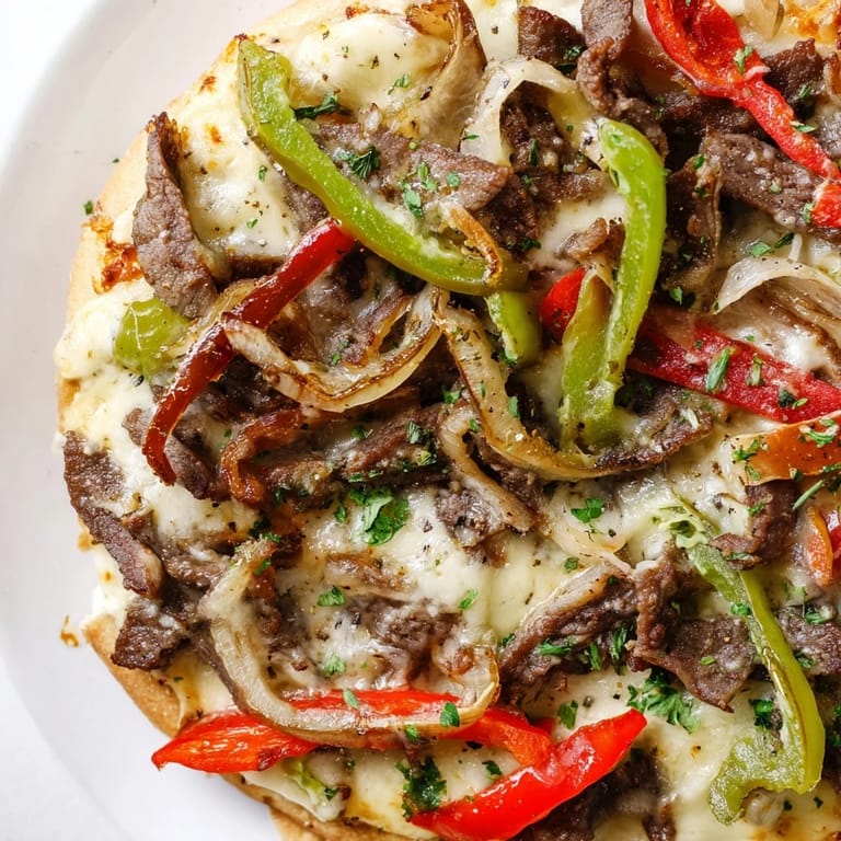 Freshly baked Philly Cheesesteak Pizza on a wooden board topped with parsley, peppers, and onions, ready to serve.