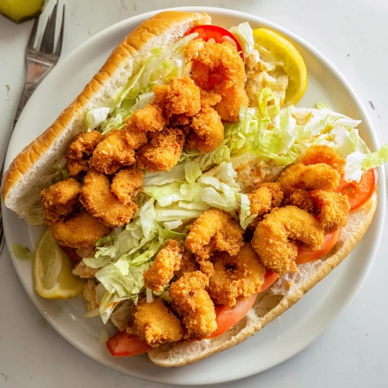Inside a soft French roll, crispy fried shrimp are layered with lettuce, tomato, and mayonnaise for a Shrimp Po Boy.