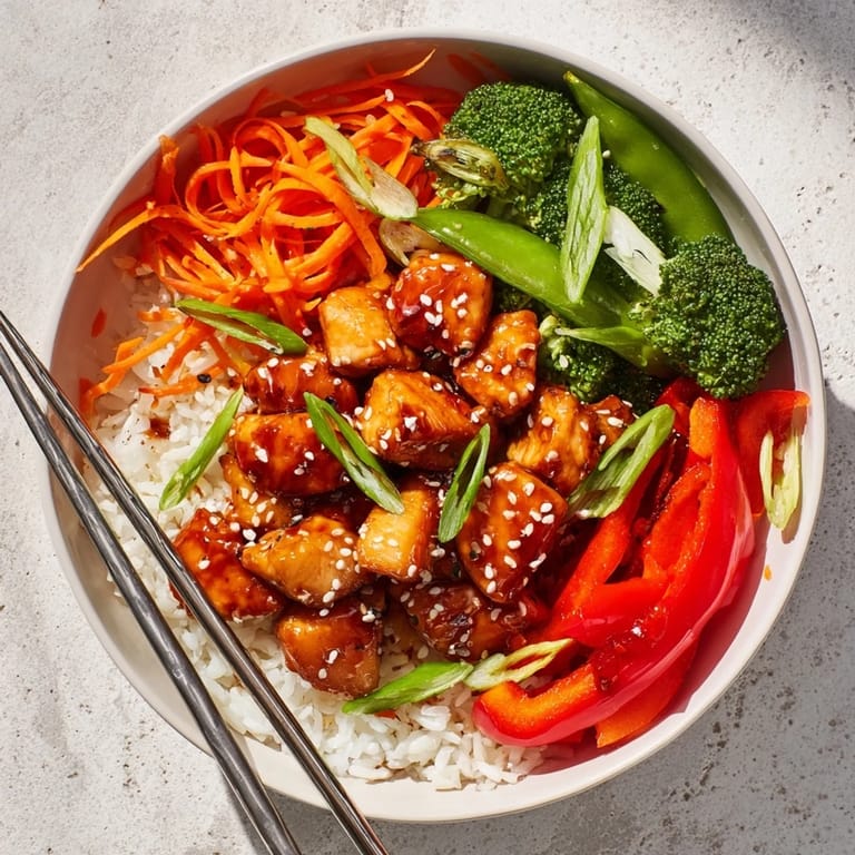 Served over warm rice and garnished with sesame seeds and scallions, this homemade Teriyaki Chicken Bowl looks delicious.