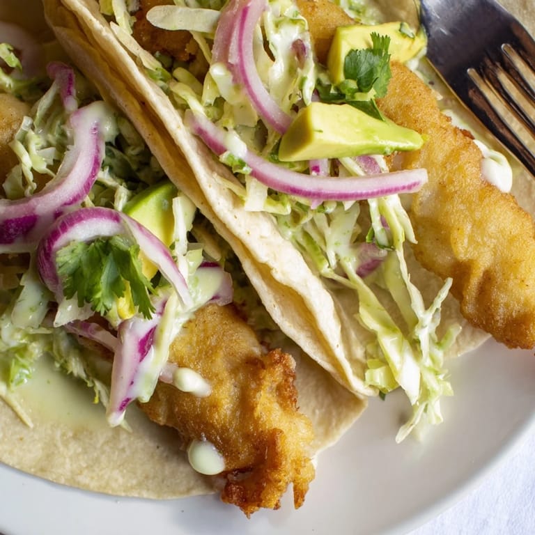 Homemade Baja Fish Tacos featuring crunchy white fish tucked into soft tortillas, topped with shredded cabbage and zesty creamy sauce.