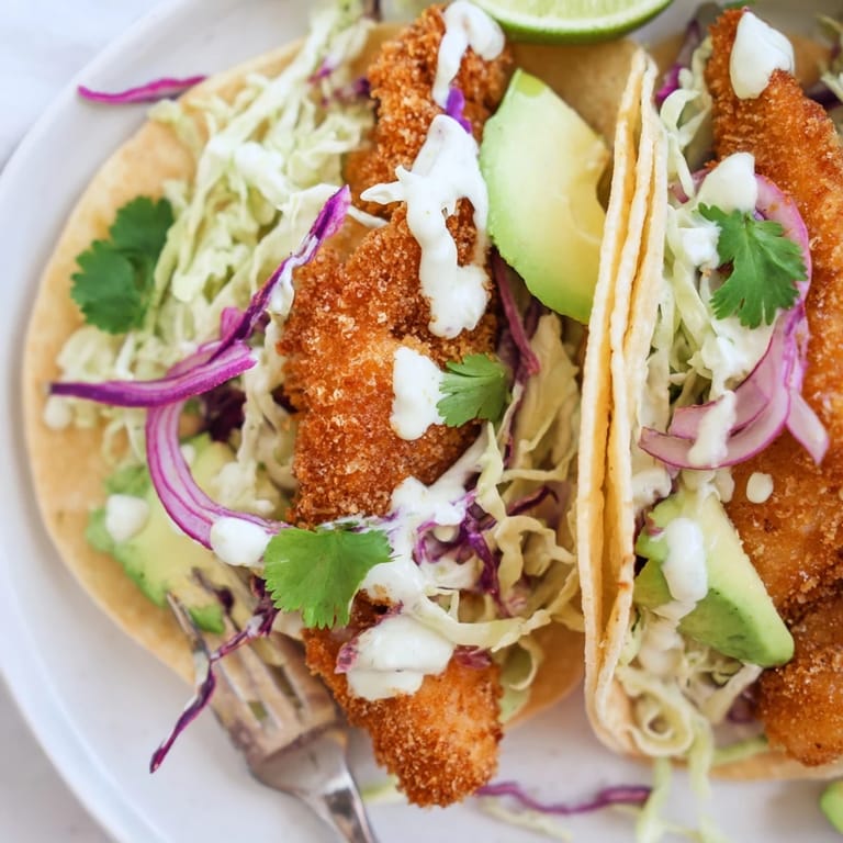 Perfectly fried Baja Fish Tacos garnished with avocado slices, cilantro, and red onion, paired with lime wedges on a rustic wooden table.