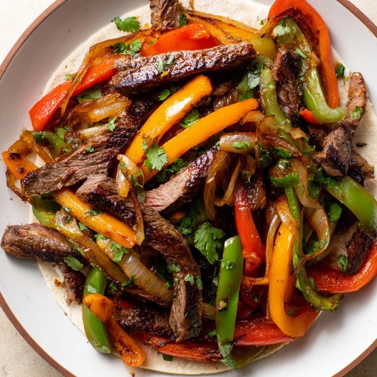 Steak Fajitas served on a rustic plate topped with guacamole, sour cream, and lime wedges for a zesty finish.