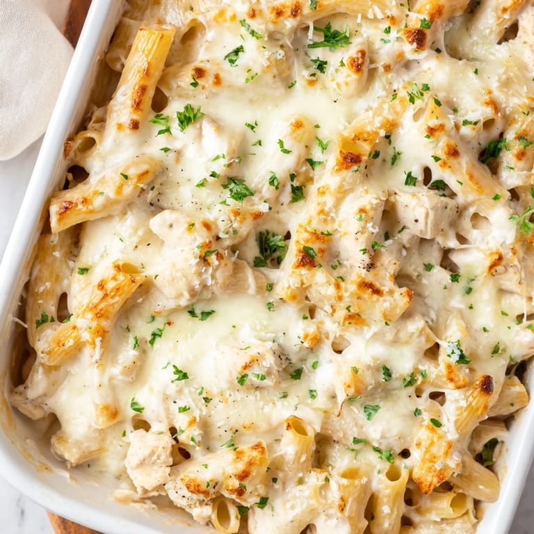Sliced chicken and penne pasta coated in Alfredo sauce, baked until golden and served for a family dinner.