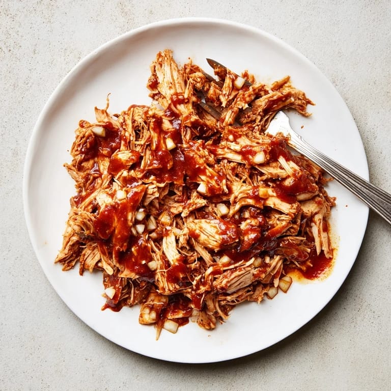 Shredded BBQ Pulled Chicken being mixed in a slow cooker with tangy barbecue sauce, steam rising from the tender meat.