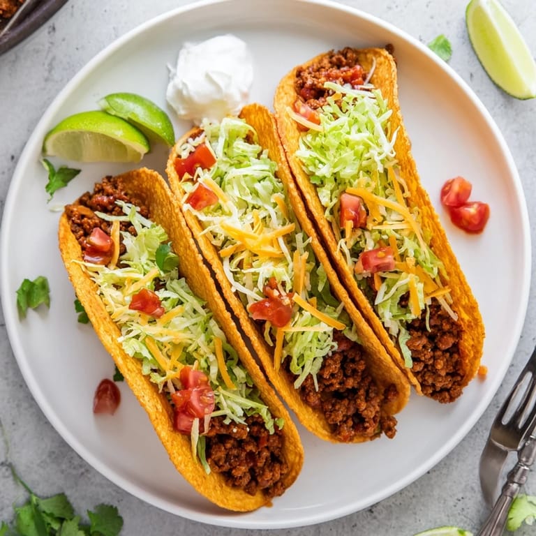 Freshly prepared Easy Beef Tacos filled with seasoned beef, diced tomatoes, and shredded cheddar, garnished with cilantro and lime wedges on a rustic plate.