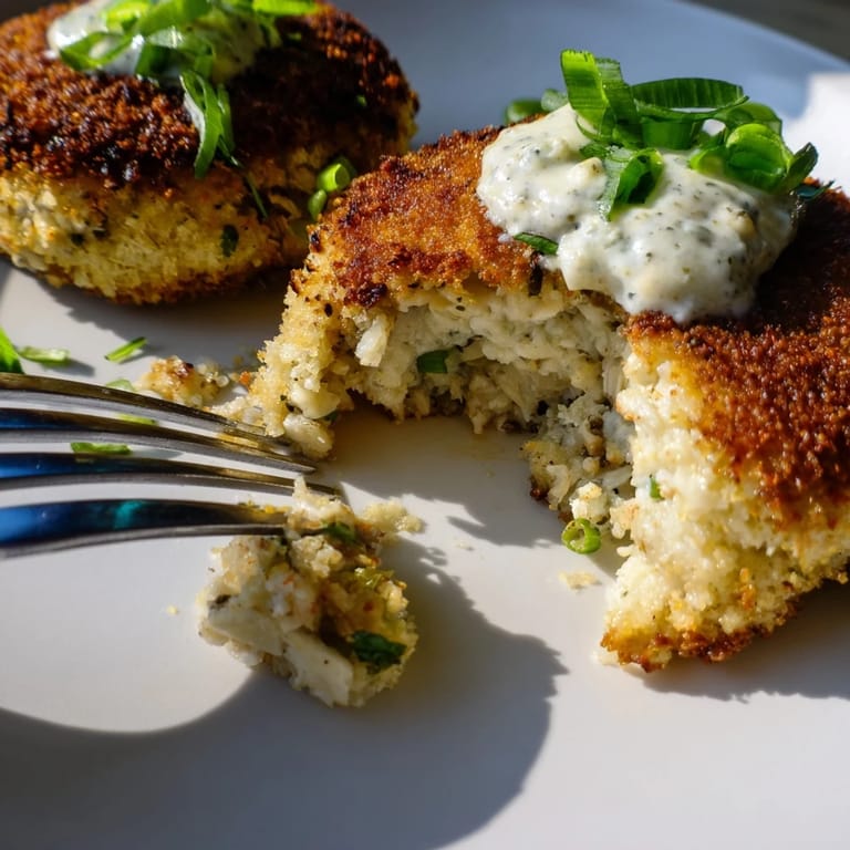 Pan-seared Crab Cakes topped with creamy sauce and parsley on a rustic wooden table.