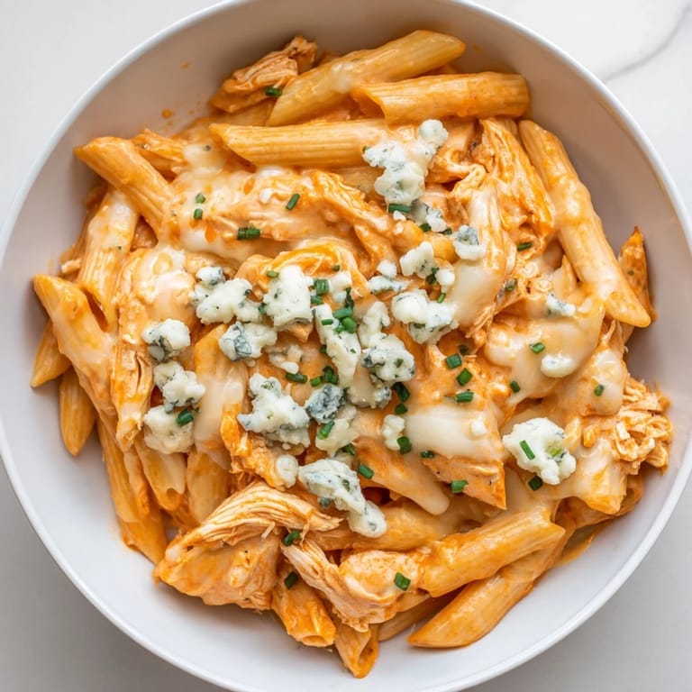 Comforting bowl of Buffalo Chicken Pasta with a tangy buffalo sauce, served hot as an easy American main dish.