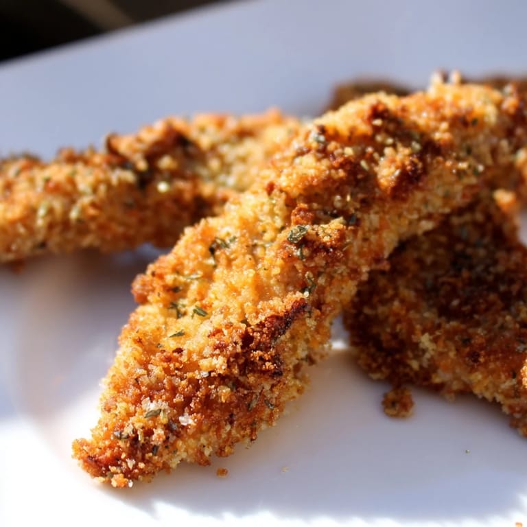 Crispy panko chicken strips with a golden crunch, paired with fresh salad and roasted vegetables for a complete dinner.