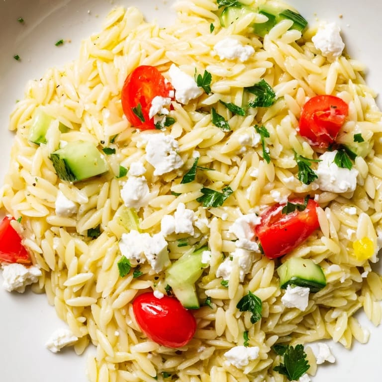 A chilled Greek Orzo Salad in a white bowl, garnished with parsley, ready for a picnic.