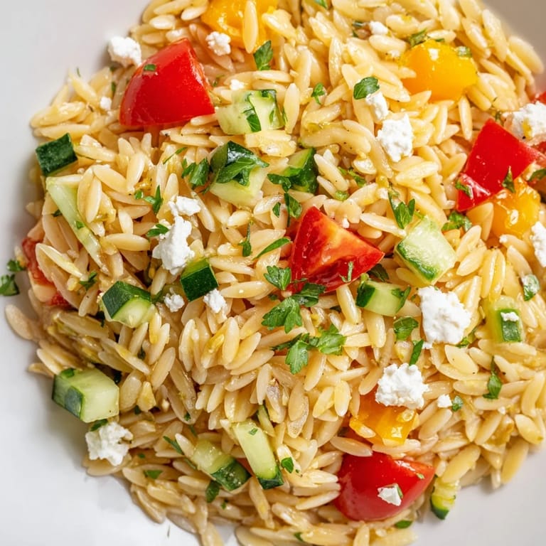 Tangy Greek Orzo Salad tossed with feta and olives, served cold over crisp greens.
