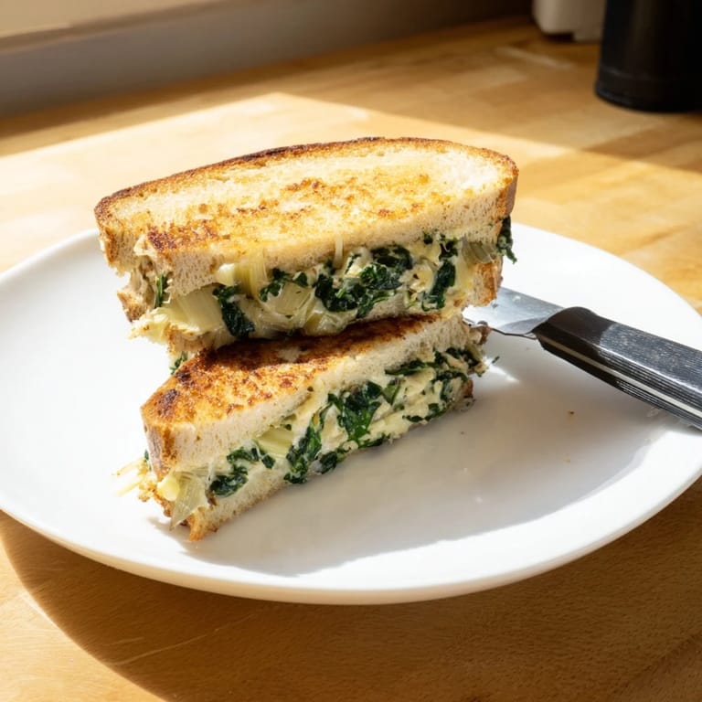 Melted mozzarella and cream cheese stretch from the toasted sourdough bread in this savory spinach artichoke grilled cheese, served on a rustic plate.