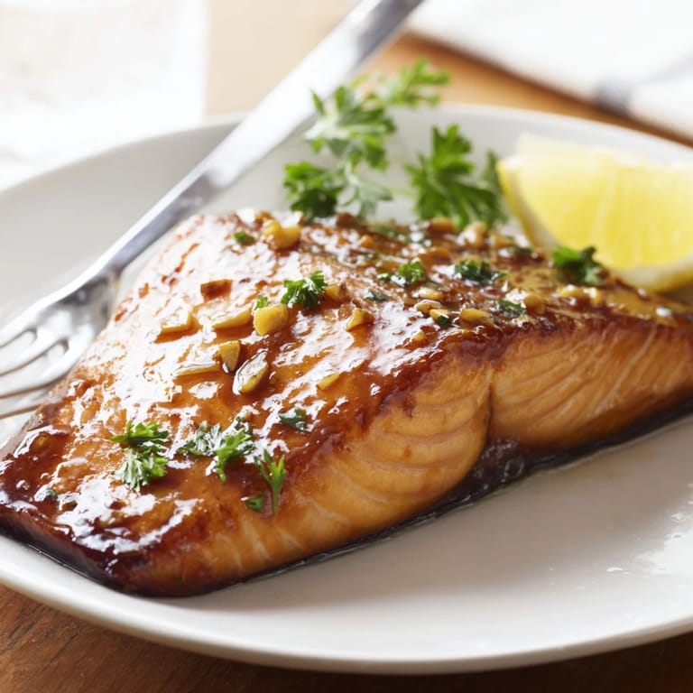 Caramelized Honey Garlic Glazed Salmon fresh from the oven, flaky interior, sticky garlic honey sauce, ideal with steamed rice or roasted veggies.