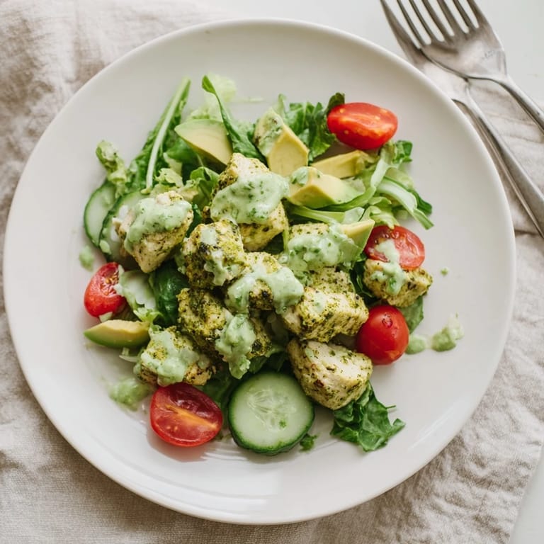 Hearty Green Goddess Chicken Salad with juicy chicken, herbaceous yogurt dressing, and fresh crunchy vegetables on a white platter for lunch.