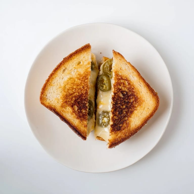 Spicy cheddar jalapeño grilled cheese with gooey cheese and crispy, buttery sourdough slices.
