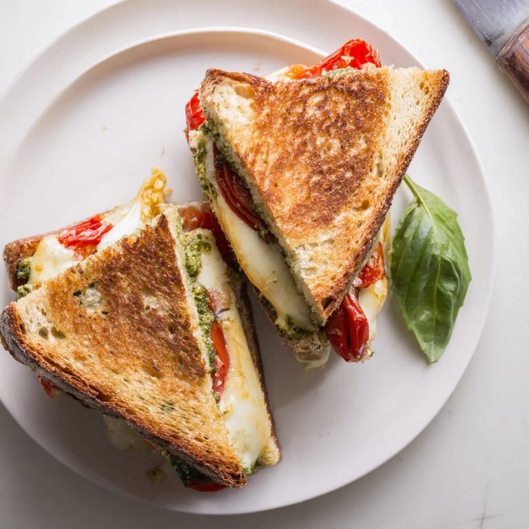 Imagine the aroma of toasted sourdough and basil as you bite into this comforting Roasted Tomato Pesto Grilled Cheese, perfect with a side of tomato soup or greens.