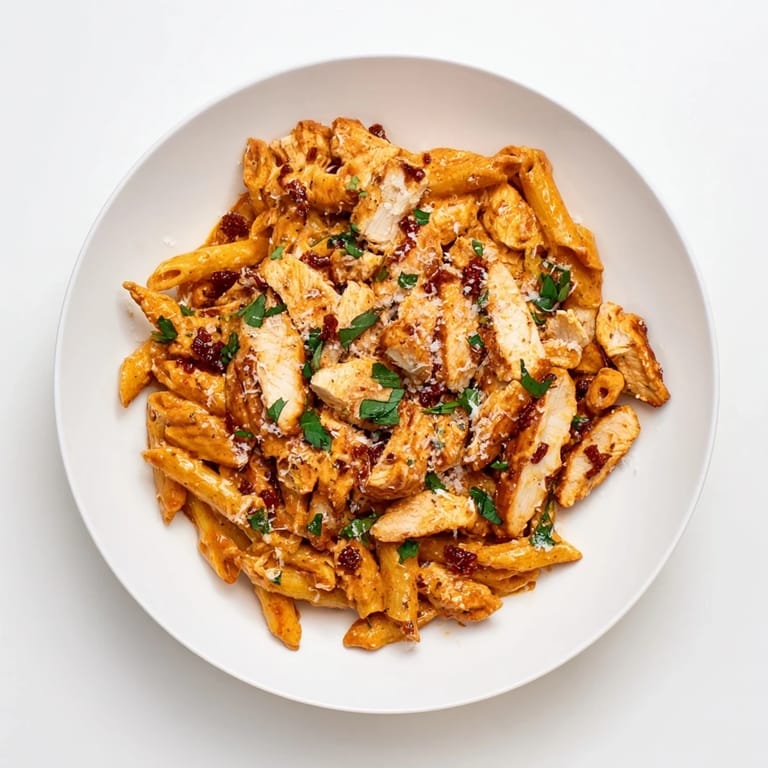 A close-up of honey chipotle chicken pasta served with a lime wedge and extra cilantro garnish.