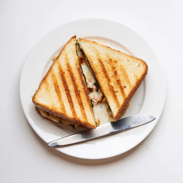 A close-up of the Mozzarella Pesto Chicken Grilled Cheese reveals juicy shredded chicken and fresh tomato slices tucked between crispy, buttery bread layers.  