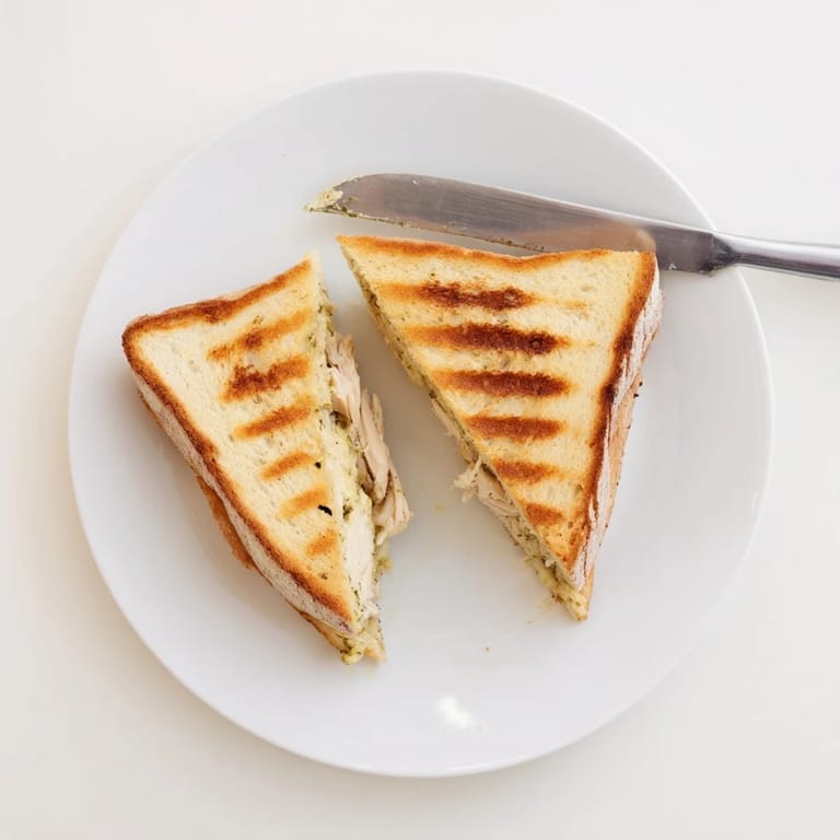 Sliced in half, the Mozzarella Pesto Chicken Grilled Cheese displays gooey melted mozzarella stretching from shredded chicken and basil pesto filling.