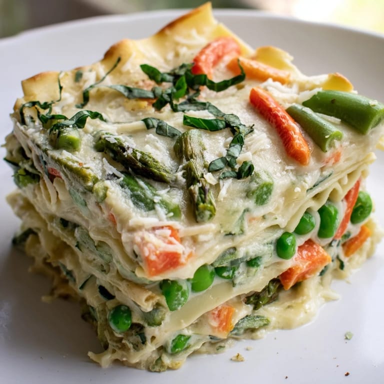 A close-up of Spring Veggie Alfredo Lasagna, highlighting melted mozzarella and a spoonful of creamy sauce over noodles.