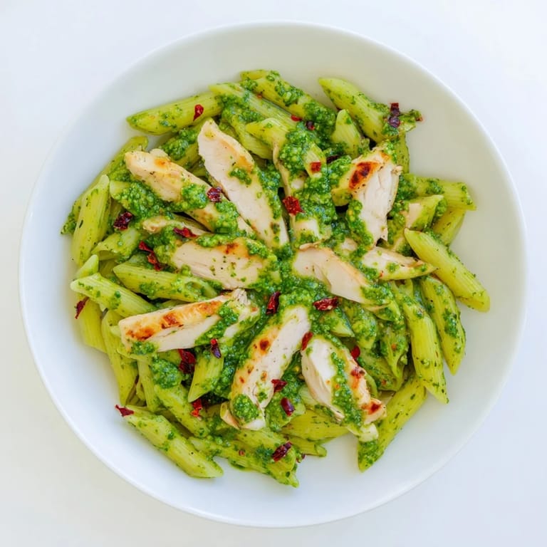 A bowl of Chimichurri Chicken Pasta garnished with parsley and lemon wedges, ready to serve.