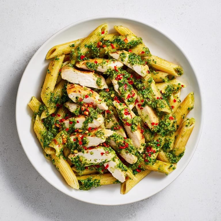 Dairy-free Chimichurri Chicken Pasta plated with al dente noodles and vibrant green sauce on a rustic table.
