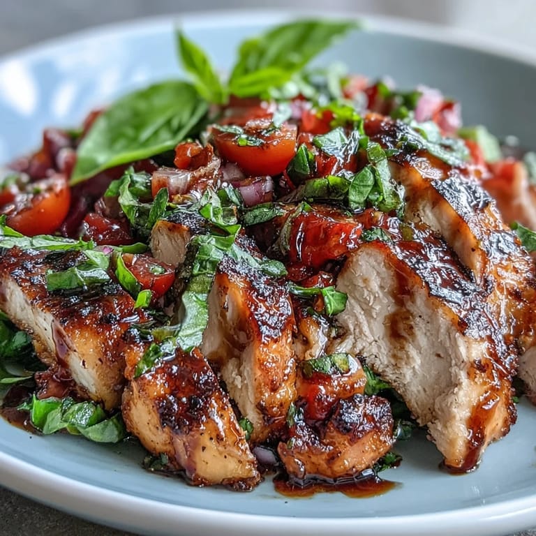 Vibrant Bruschetta Chicken Salad piled high with tender grilled chicken and savory toppings.