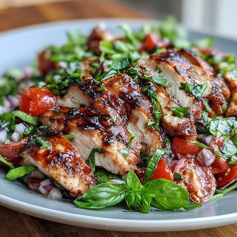 A fresh Bruschetta Chicken Salad, ready to enjoy with crisp greens and citrus.