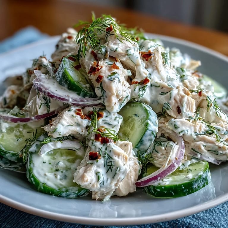 Creamy Cucumber Chicken Salad is served chilled in a rustic bowl, garnished with fresh dill and green onions for a refreshing meal.  