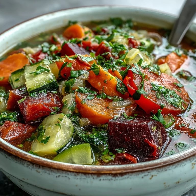 Hearty Rainbow Vegetable Detox Soup steaming in a bowl, topped with fresh herbs.
