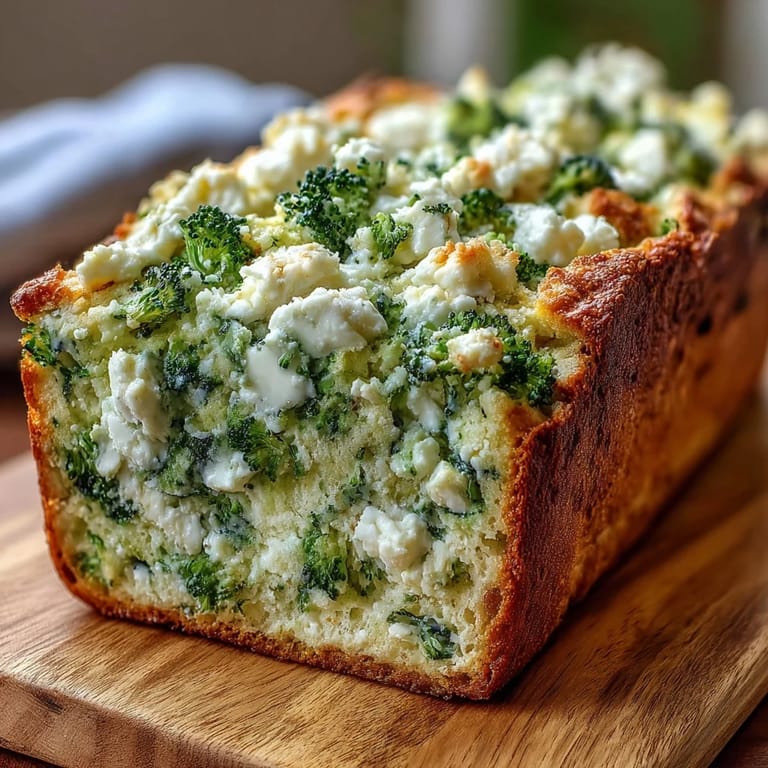 Savory Broccoli and Feta Loaf baked until golden, featuring crumbles of cheese throughout.
