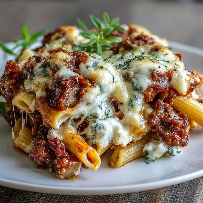 Savory High Protein Italian Beef and Pasta Bake, bubbling with cheese after baking.