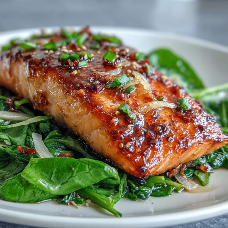 Seared miso salmon fillets atop glistening sautéed spinach, ready for a flavorful feast.