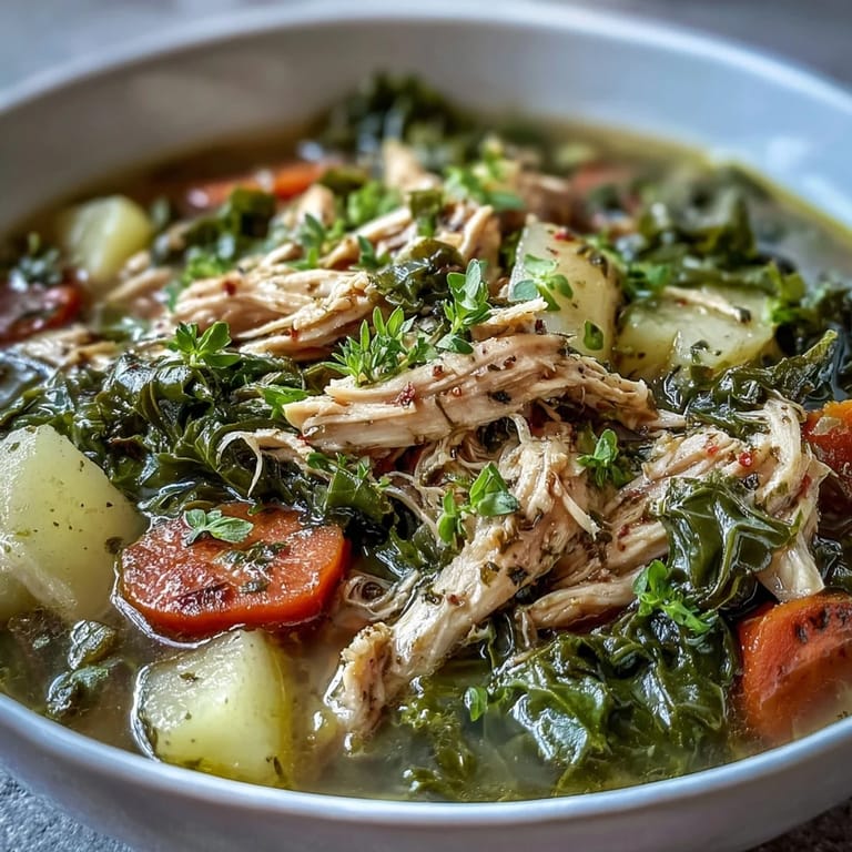 Golden chicken and tender collard greens simmer in this satisfying soup.