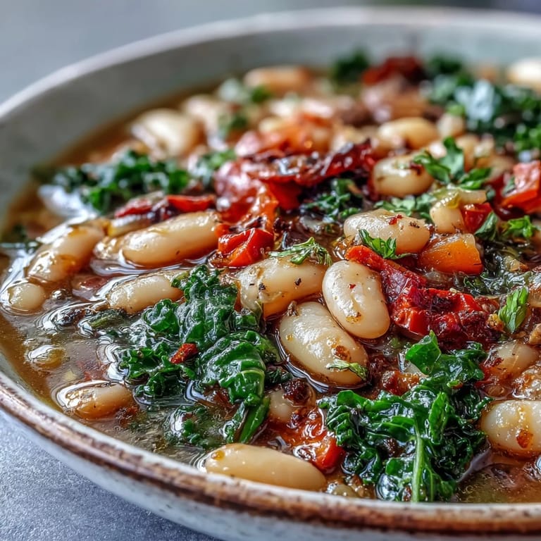 Hearty, spiced Mediterranean White Bean Stew simmering in a rustic bowl.