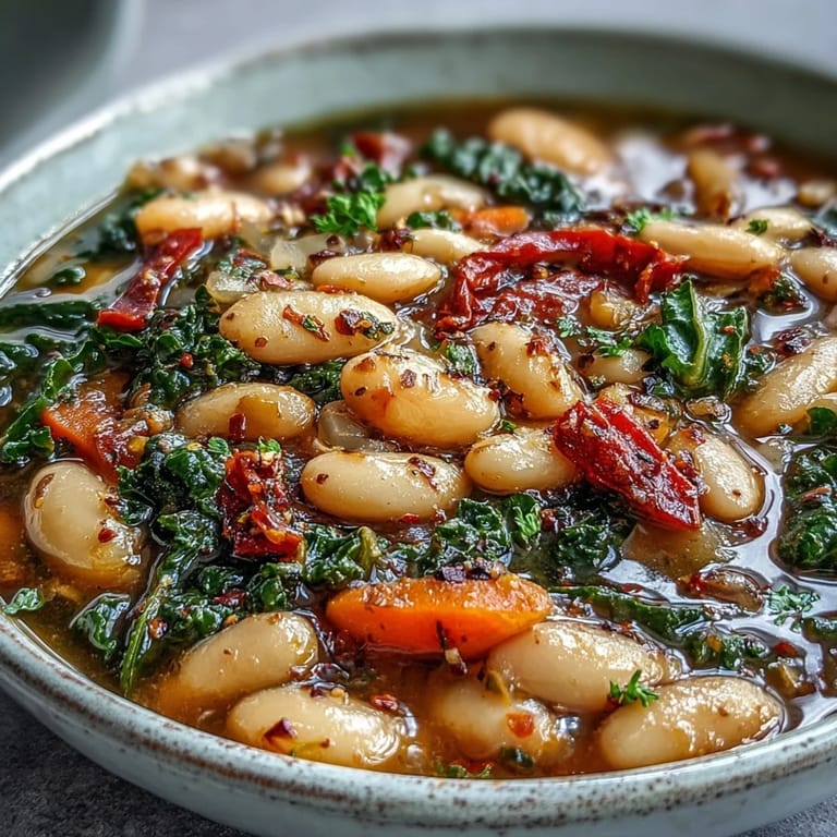A comforting bowl of Mediterranean White Bean Stew, perfect with lemon.