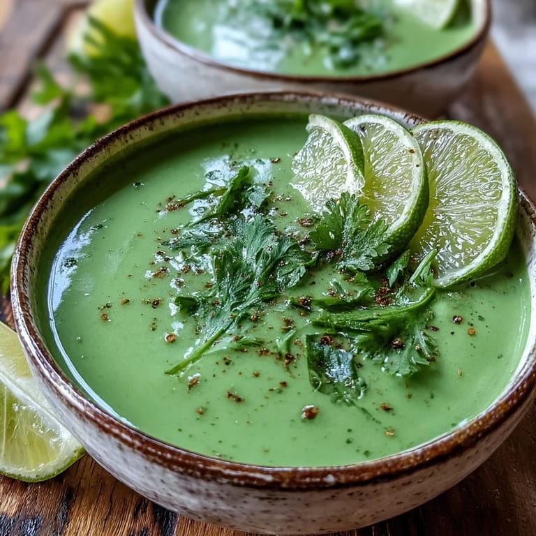 Enjoy this rich, vegan Spinach Coriander Lemongrass Soup with a lime wedge garnish.